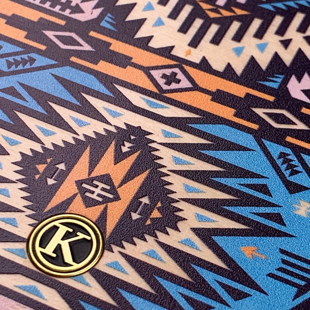Zoomed in detailed shot of the vibrant Aztec printed Maple Wood Galaxy S10e Case by Keyway Designs