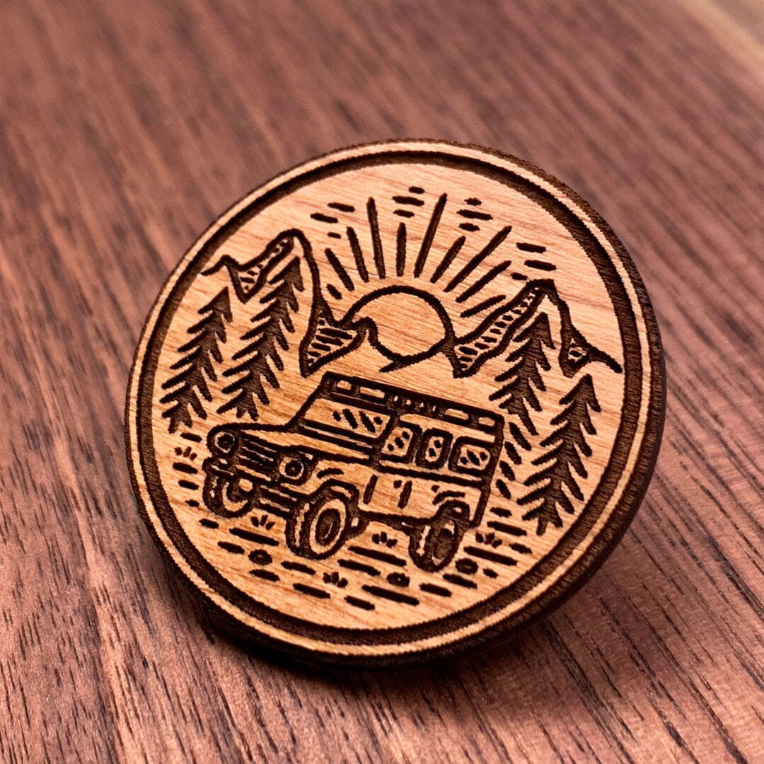 Back Country - Keyway Engraved Wooden Pin in Cherry, Zoomed in View