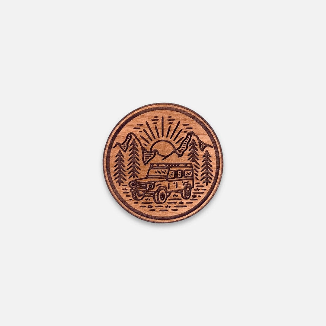 Back Country - Keyway Engraved Wooden Pin in Cherry, Front View