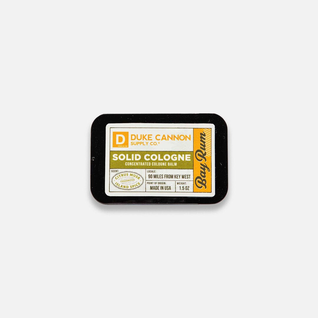 Top view of Duke Cannon Bay Rum Men's Solid Cologne in Metal Tin 1.5oz | Keyway