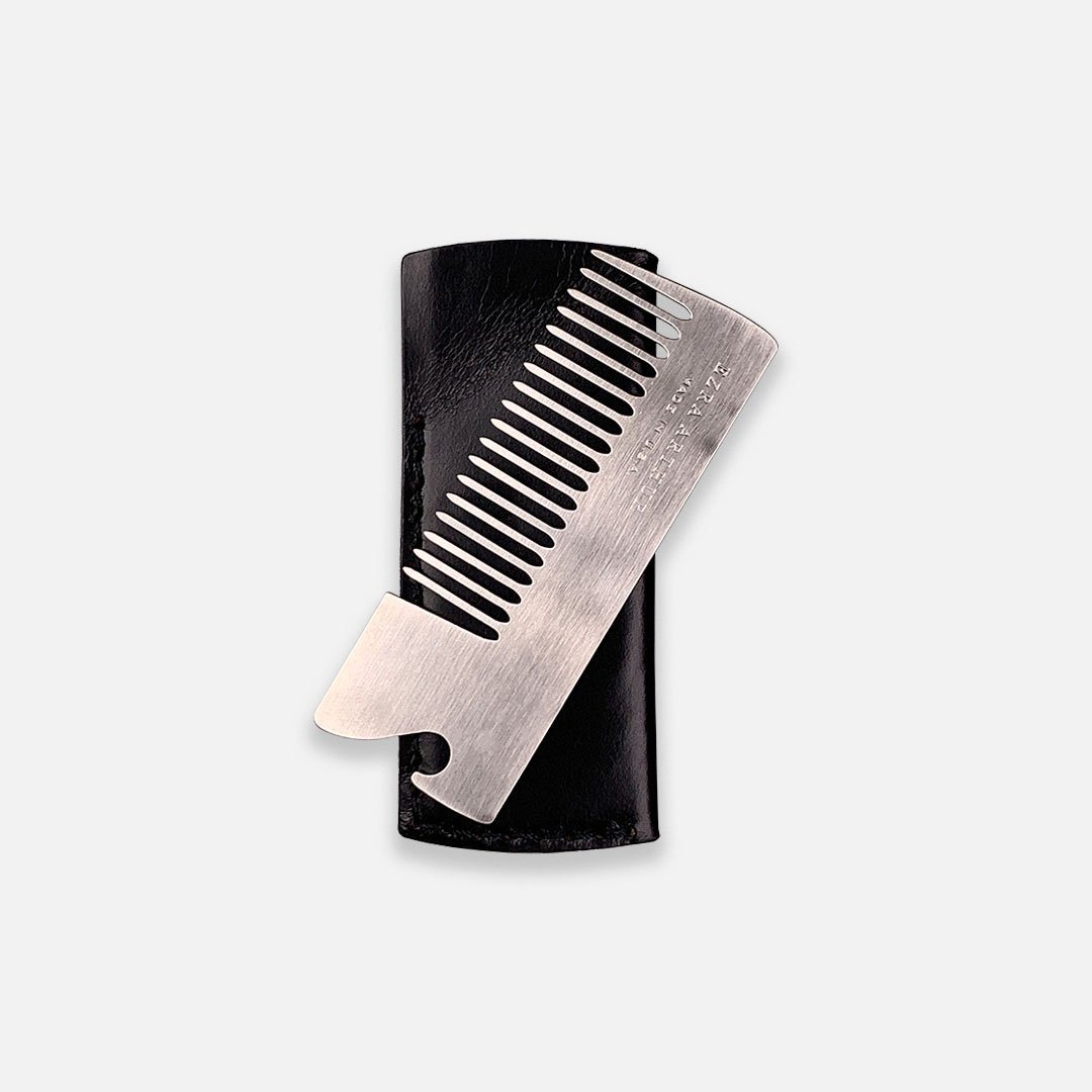 Ezra Arthur - No.18 Beard Comb in Jet Black Horween Leather, Handcrafted in the USA