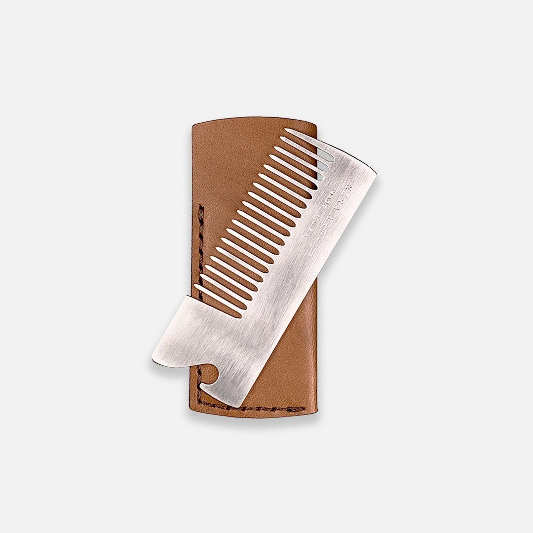 Ezra Arthur - No.18 Beard Comb in Whiskey Brown Horween Leather, Handcrafted in the USA