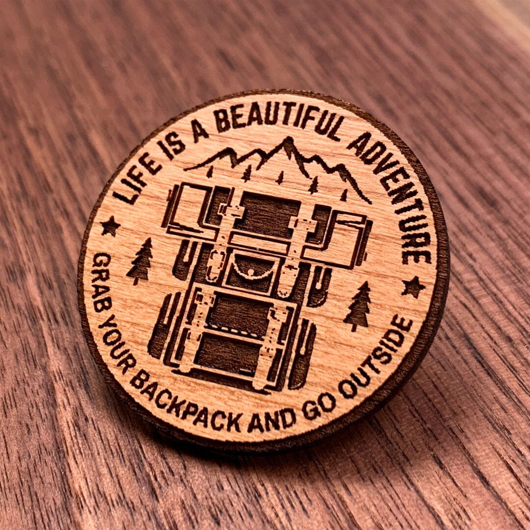 Beautiful Adventure - Keyway Engraved Wooden Pin in Cherry, Zoomed in View