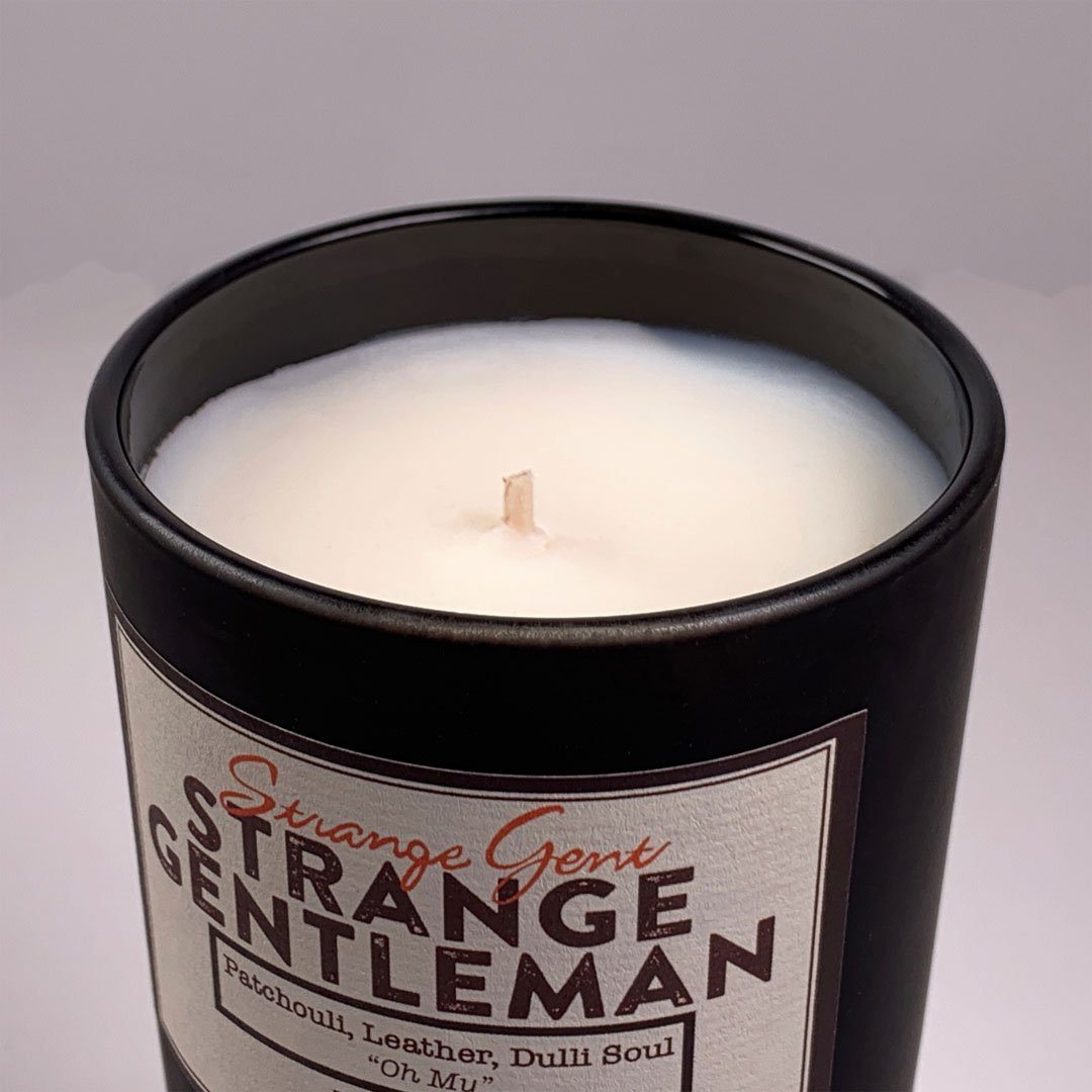 Strange Gent - Sentimental Geek 8oz Soy Wax Jar Candle, Made in LA, California. Close up of wick