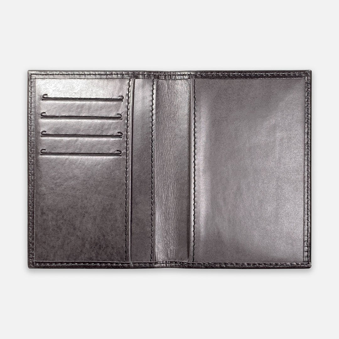 Keyway Full-grain Leather Passport Wallet, Charcoal, flat open view