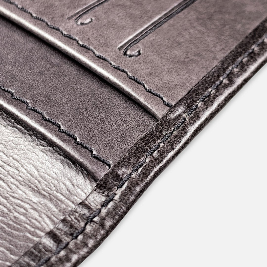 Keyway Full-grain Leather Card Holder, Charcoal, detailed shot of stitching