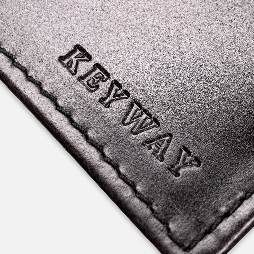 Keyway Full-grain Leather Card Holder, Charcoal, detailed shot of embossing
