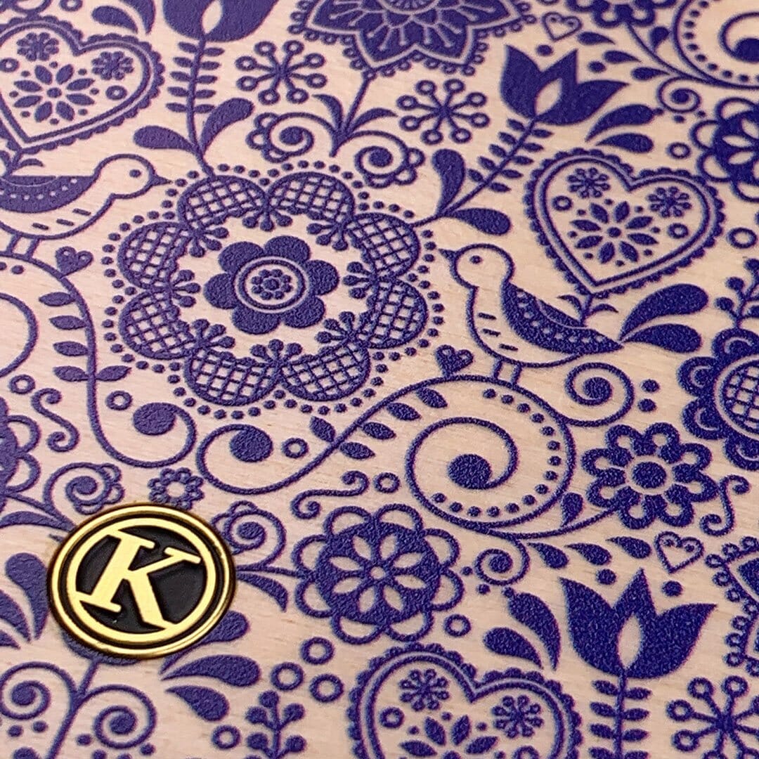 Zoomed in detailed shot of the blue floral pattern on maple wood Galaxy S20 Case by Keyway Designs