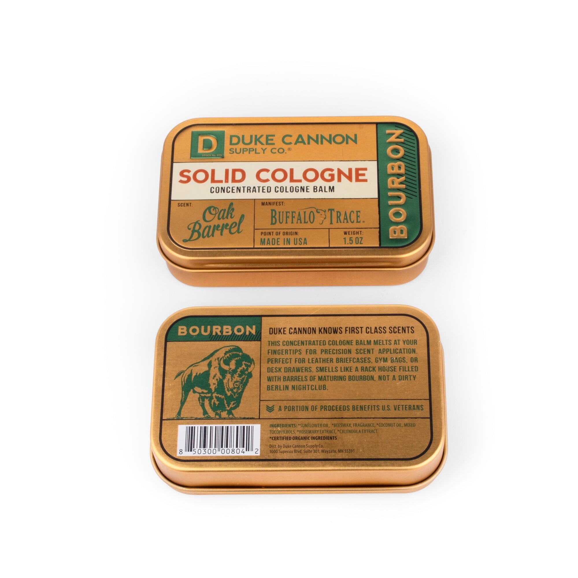 Top Label of Duke Cannon Bourbon Men's Solid Cologne in Metal Tin 1.5oz | Keyway