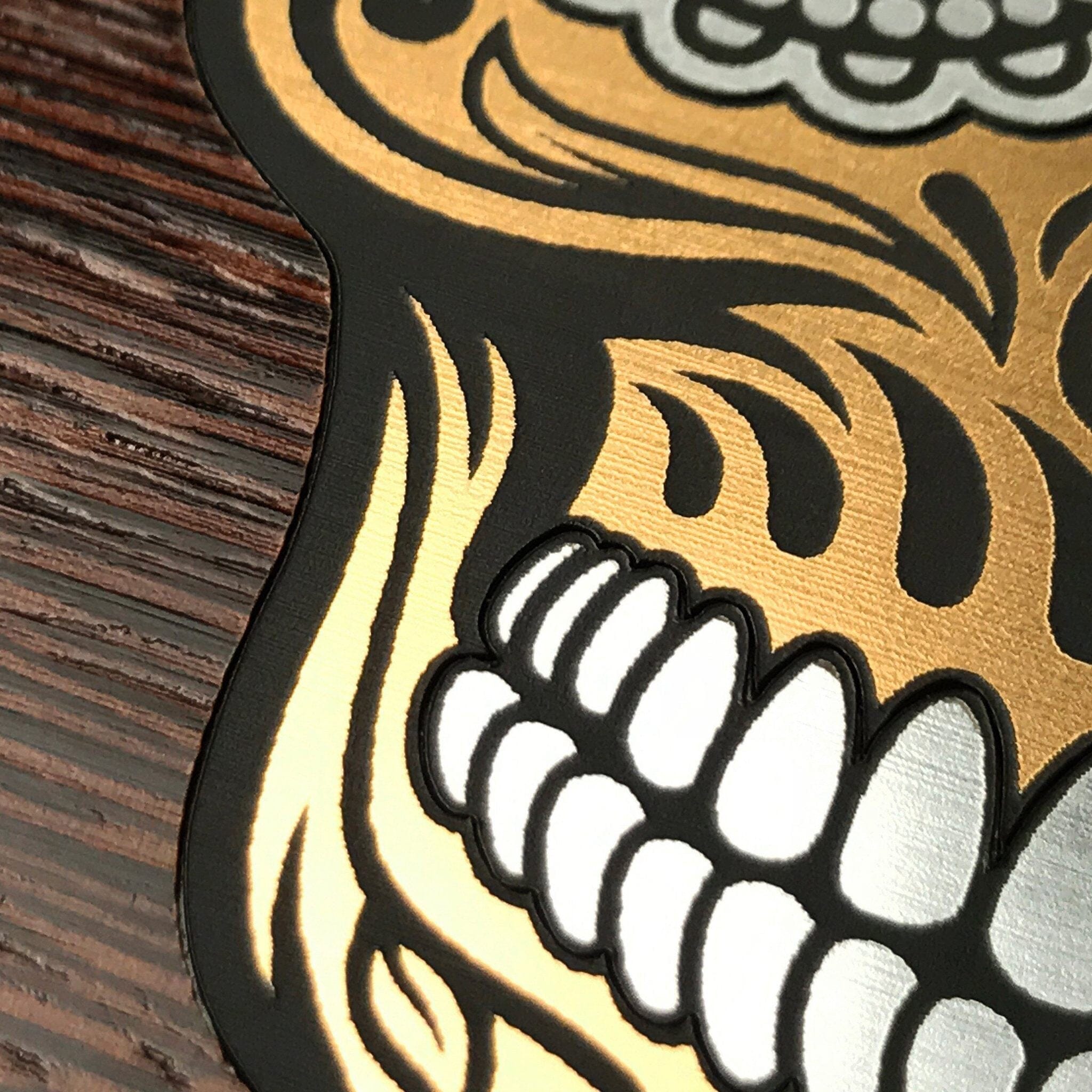 Zoomed in detailed shot of the Calavera Wood Sugar Skull Wood iPhone 13 Pro Max Case by Keyway Designs