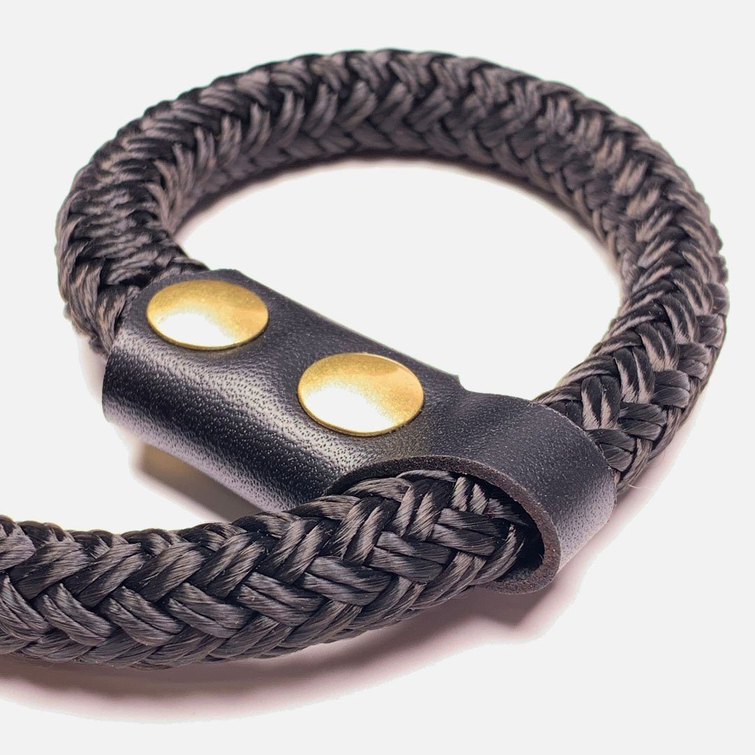 Camera Wrist Strap. Black Leather, Brass and Black Nylon. Slip-knot style wrist closure.
