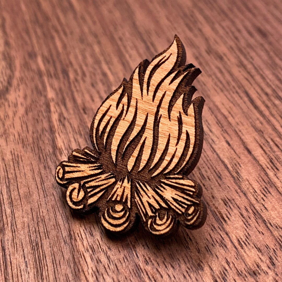 Campfire - Keyway Engraved Wooden Pin in Cherry, Zoomed in View