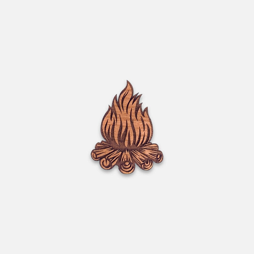 Campfire - Keyway Engraved Wooden Pin in Cherry, Front View