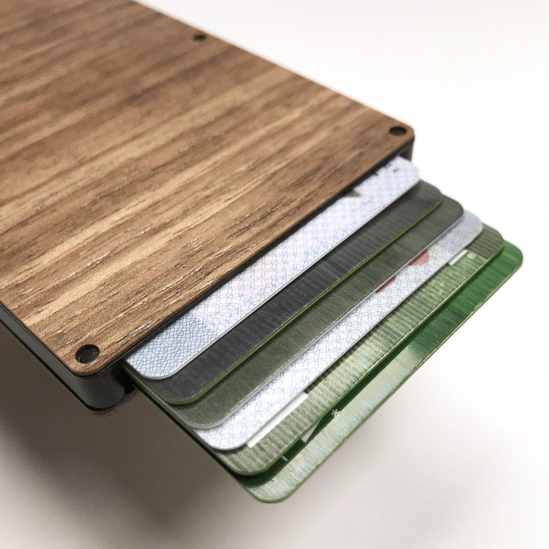 Walnut Wood & Aluminum Card Holder with Money Clip, Cards fanned out