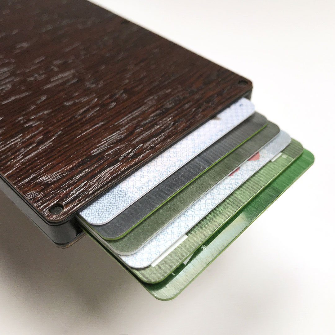 Wenge Wood & Aluminum Card Holder, Cards fanned out