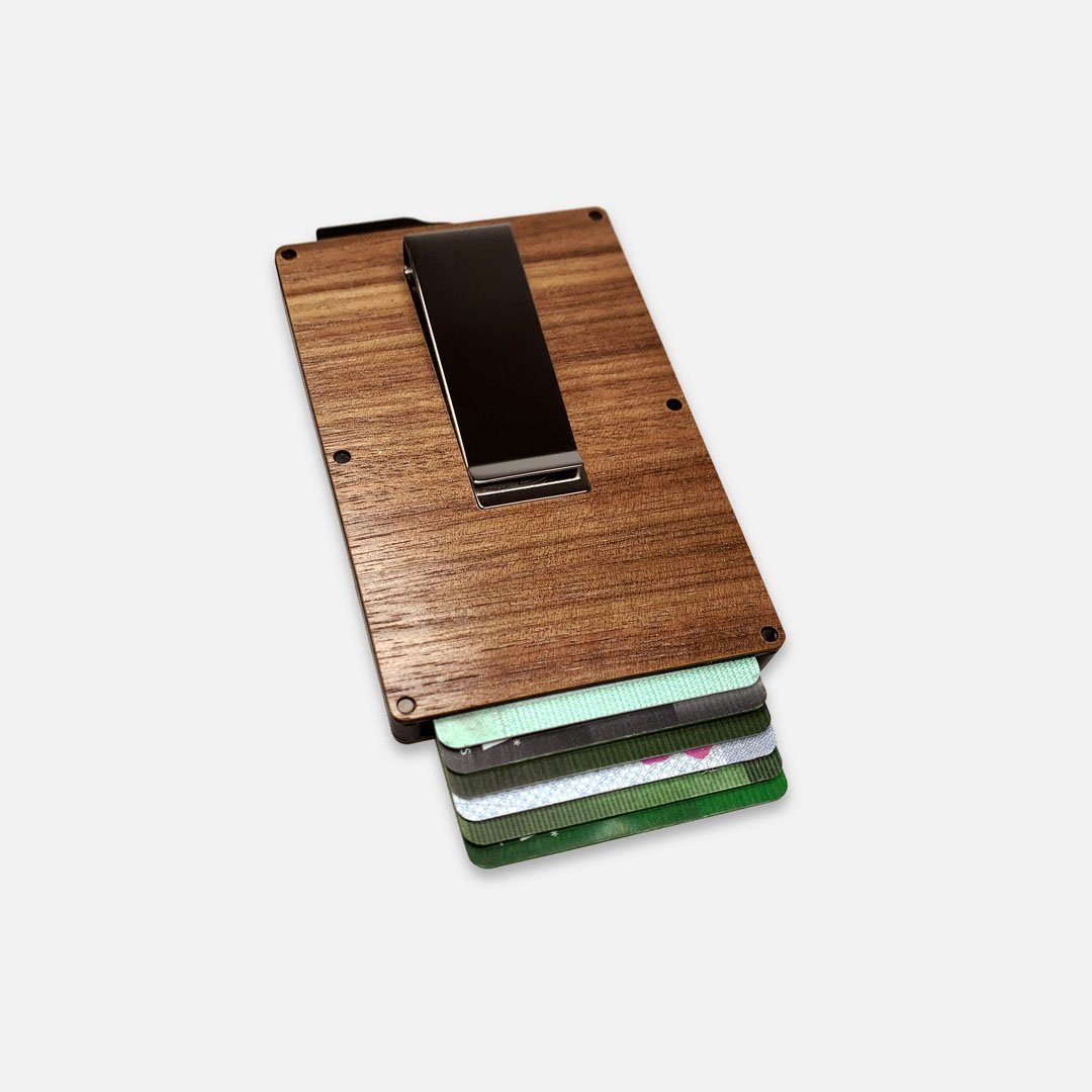 Walnut Wood & Aluminum Card Holder with Money Clip, Front View
