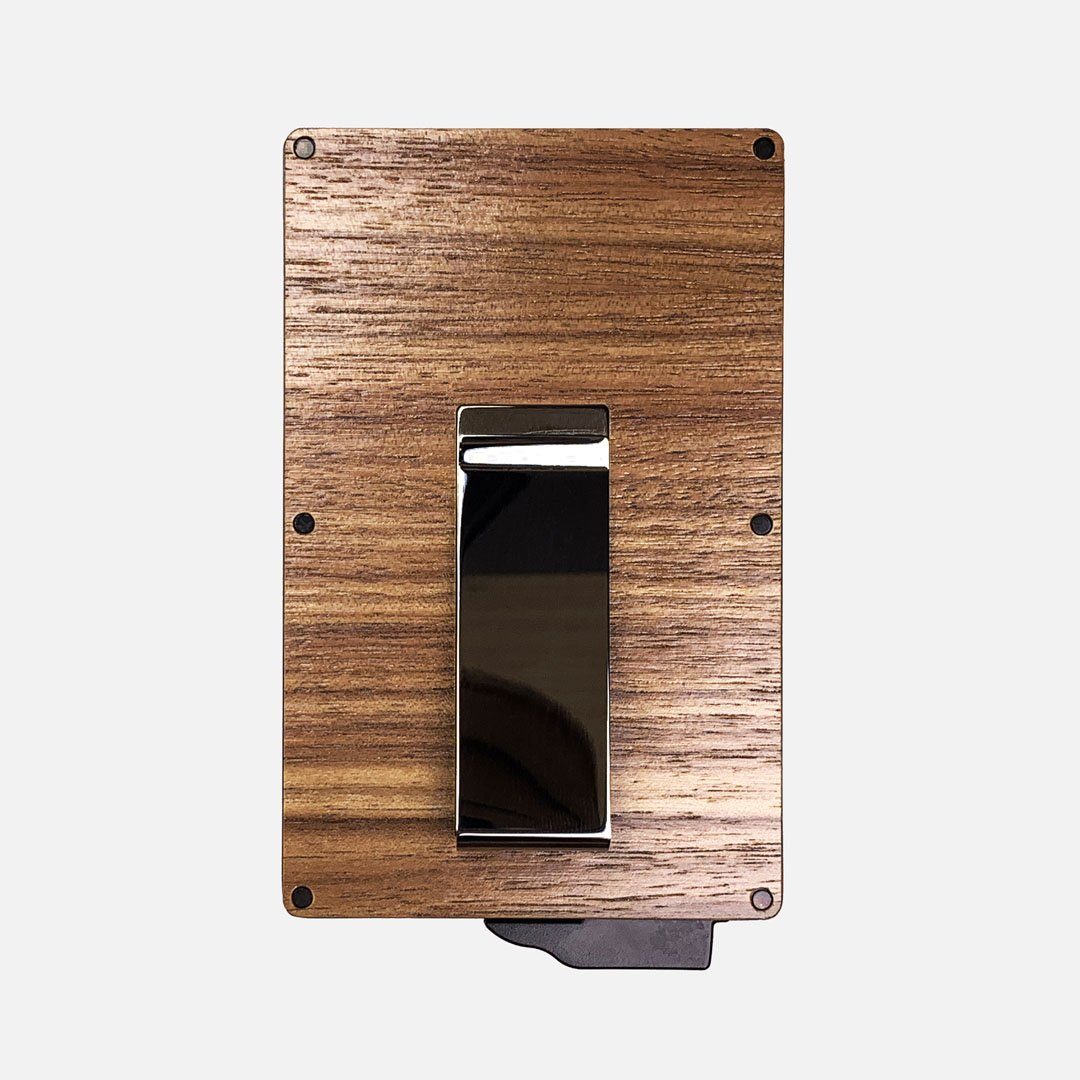 Walnut Wood & Aluminum Card Holder with Money Clip, Back View