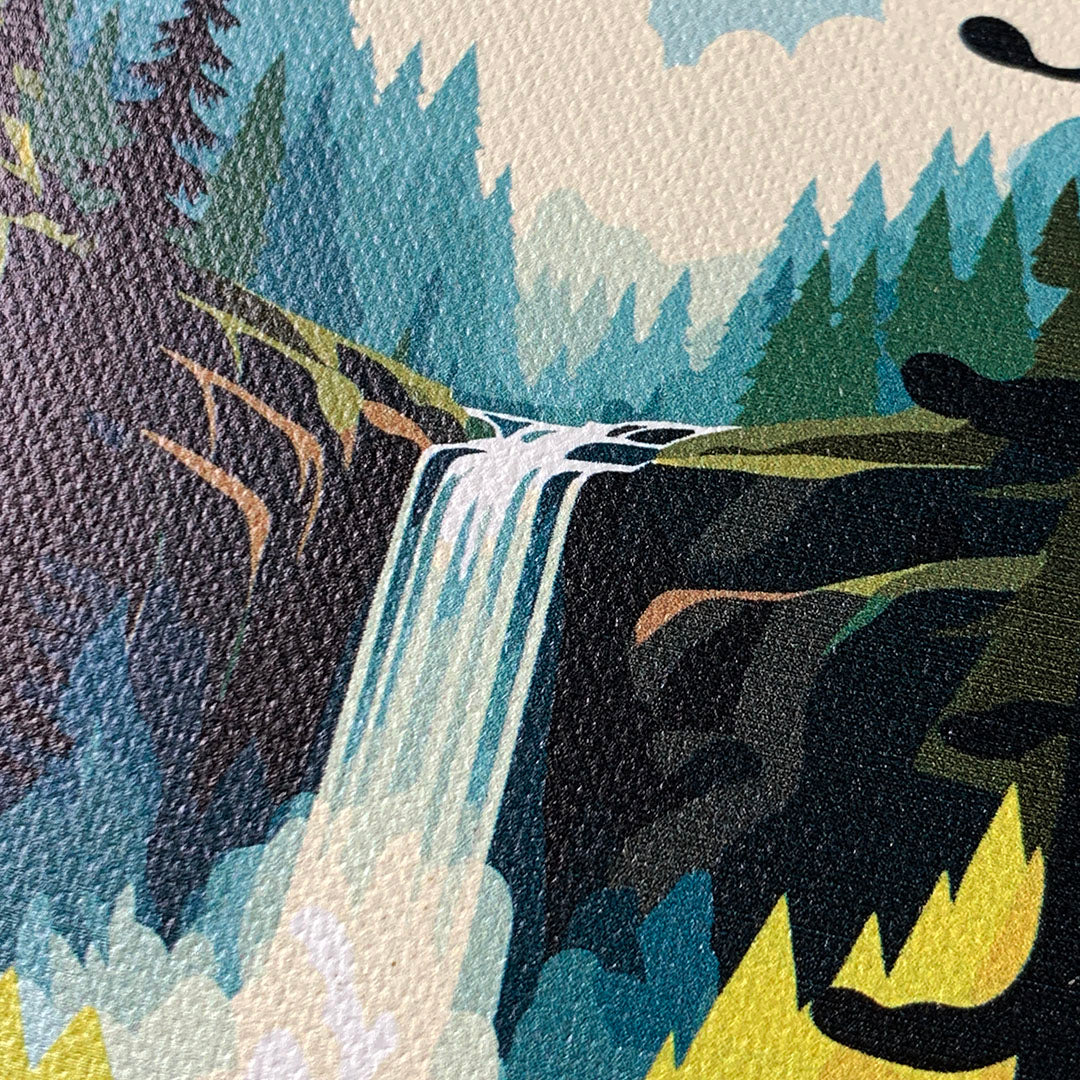 Zoomed in detailed shot of the stylized peaceful forest waterfall making it's way through the rocks printed to cotton canvas iPhone 15 Pro MagSafe Case by Keyway Designs