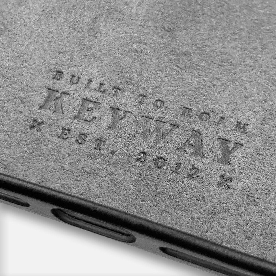 Keyway Built to Roam embossing on Microfibre lining of Charcoal Black leather iPhone Case