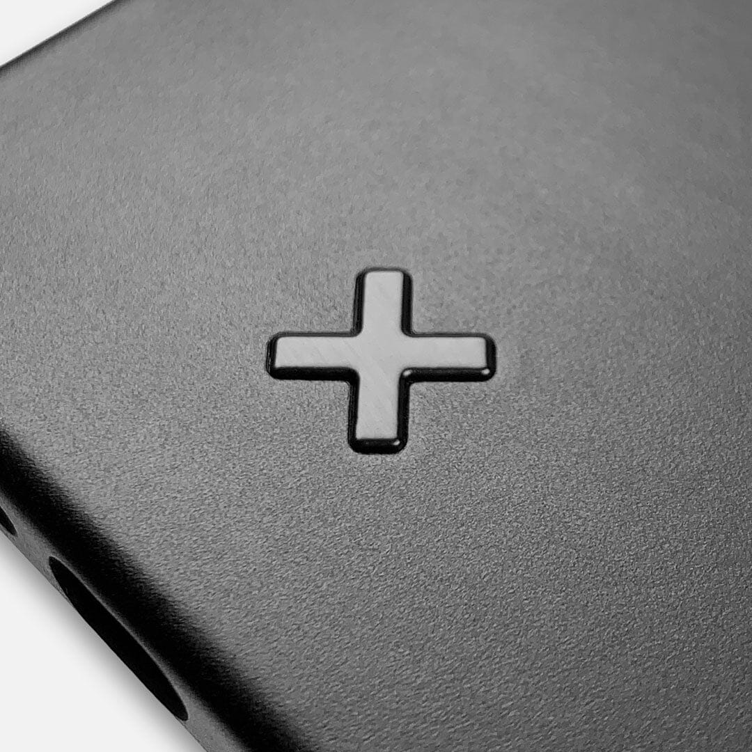 Metal Keyway X-Mark on Charcoal Black Leather iPhone Case