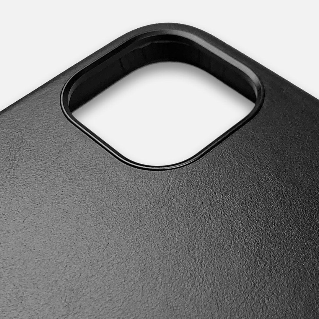 Raised Metal Camera ring on Keyway Charcoal Black Leather iPhone Case