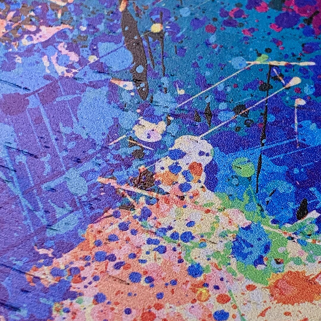 Zoomed in detailed shot of the realistic paint splatter 'Chroma' printed Wenge Wood Galaxy Note 10 Plus Case by Keyway Designs