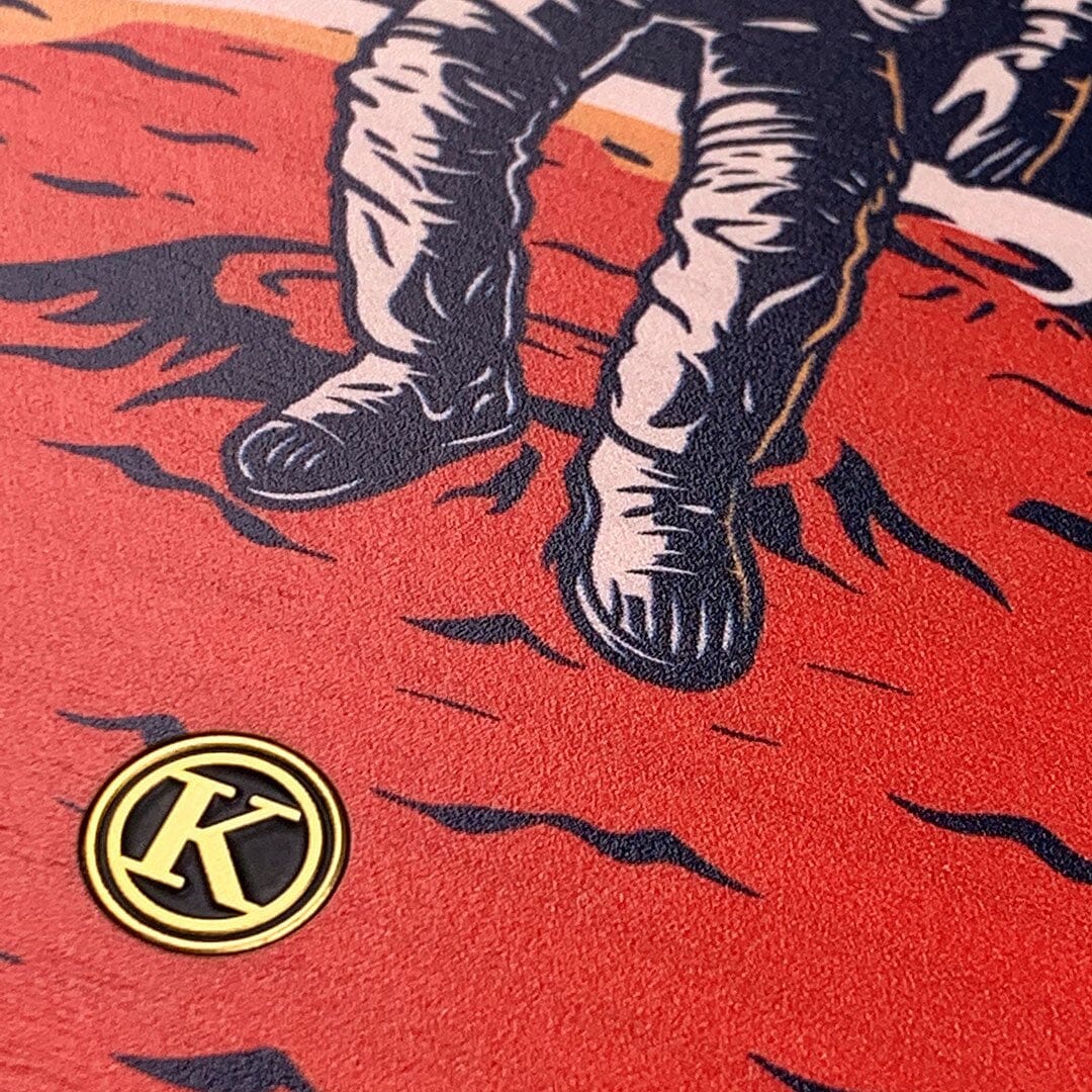 Zoomed in detailed shot of the stylized astronaut space-walk print on Cherry wood Galaxy S10+ Case by Keyway Designs