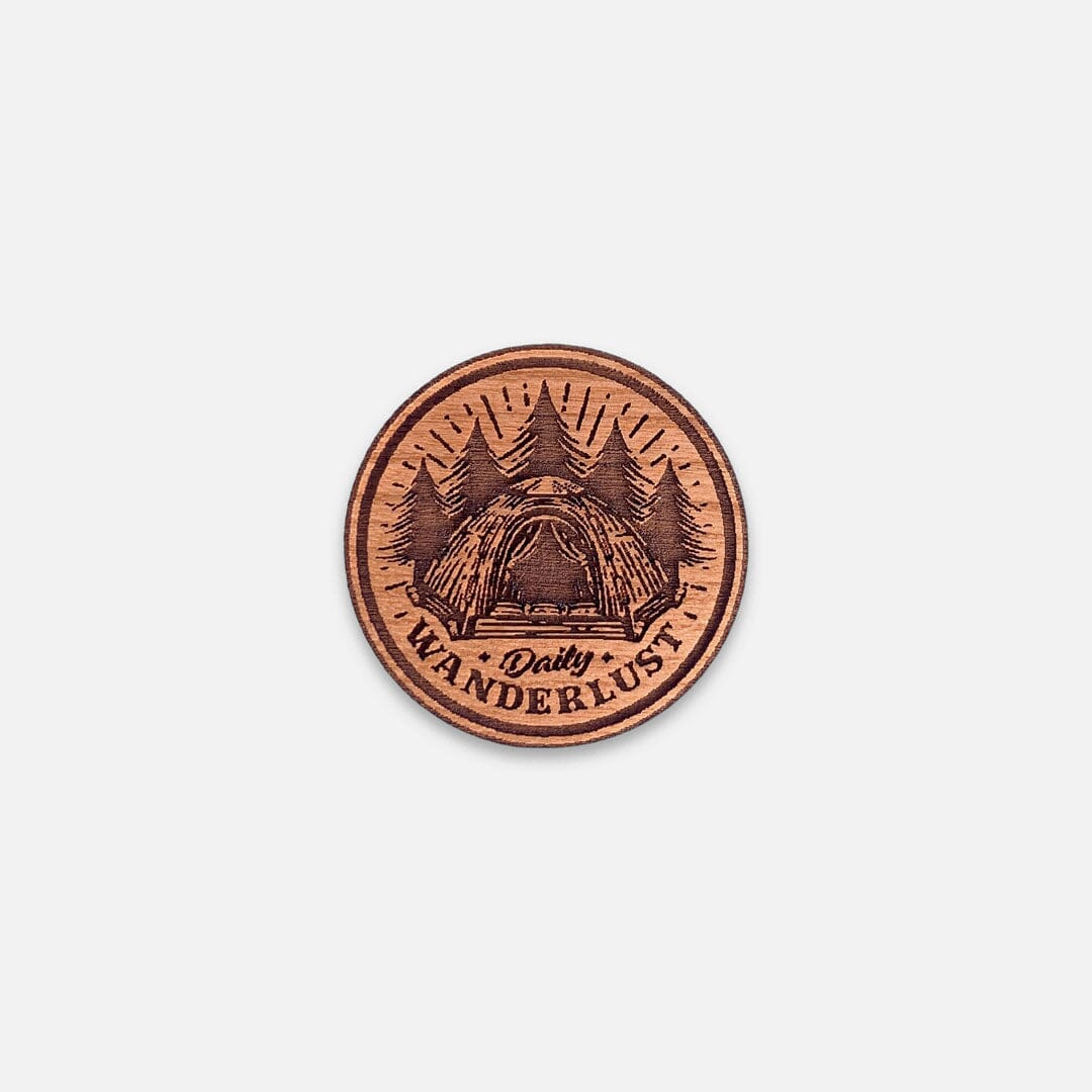 Daily Wanderlust - Keyway Engraved Wooden Pin in Cherry, Front View