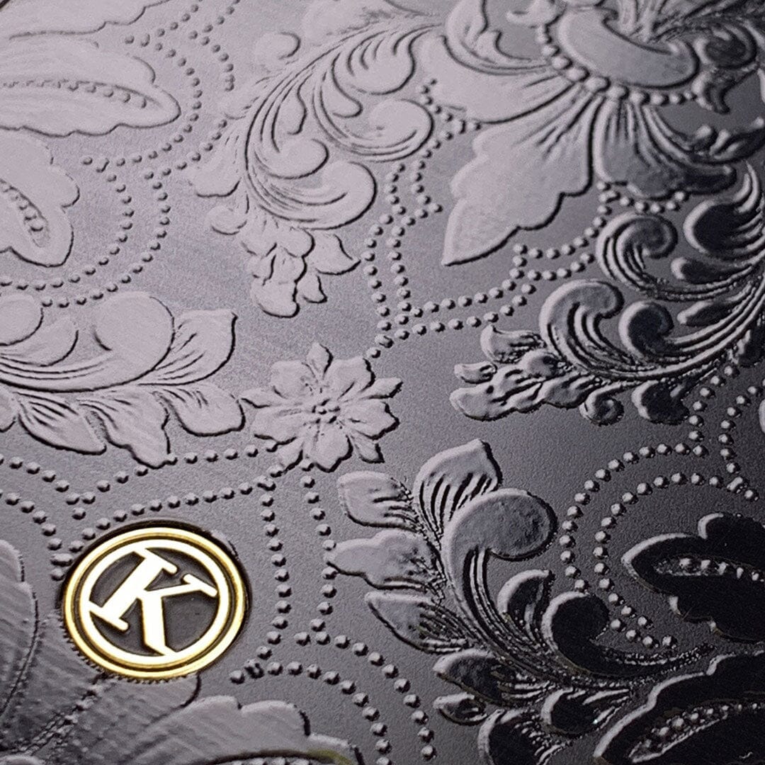 Zoomed in detailed shot of the detailed gloss Damask pattern printed on matte black impact acrylic Galaxy S10+ Case by Keyway Designs