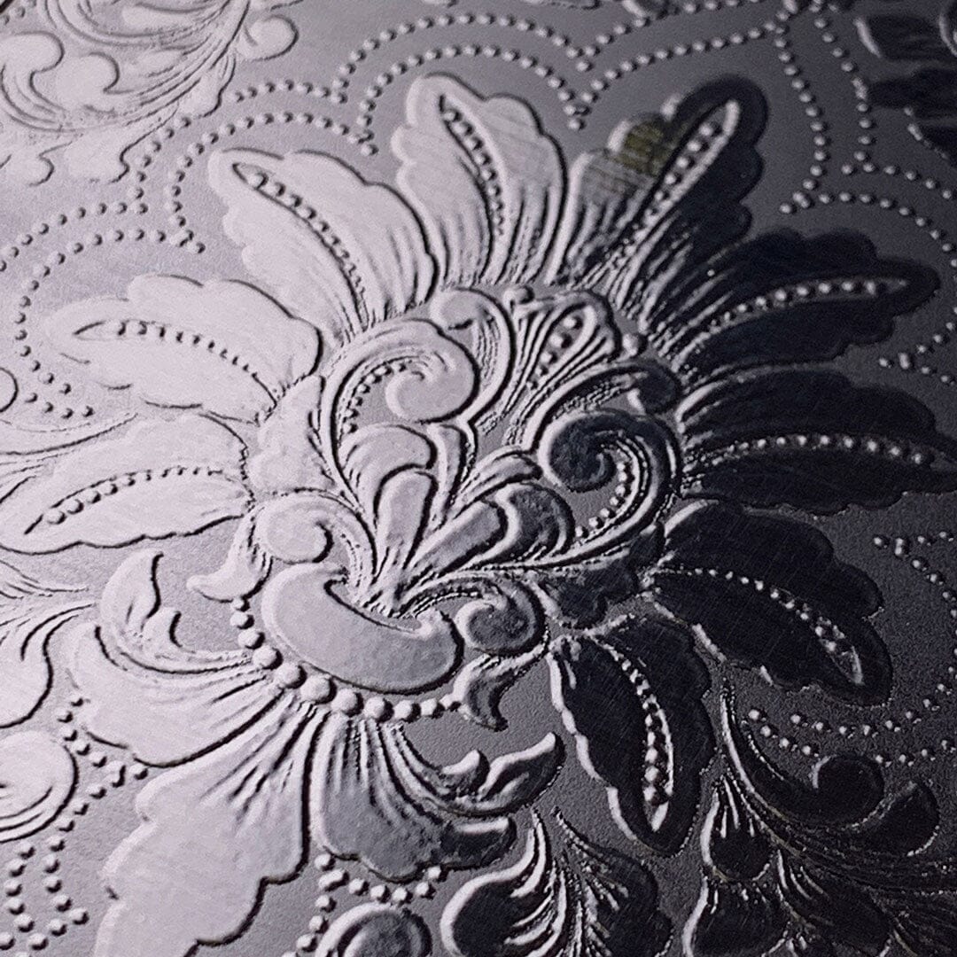 Zoomed in detailed shot of the detailed gloss Damask pattern printed on matte black impact acrylic iPhone 11 Pro Max Case by Keyway Designs