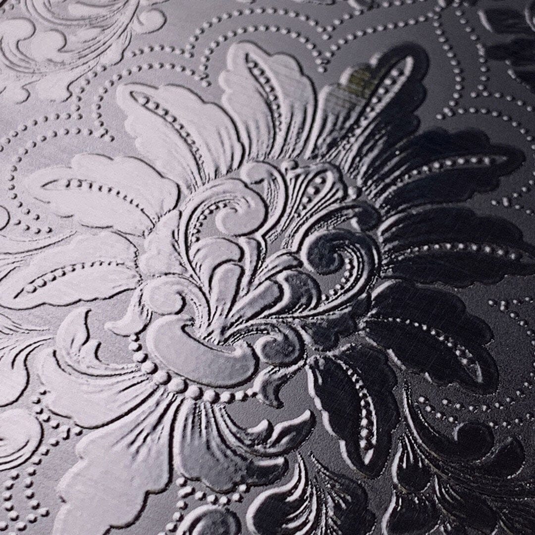Zoomed in detailed shot of the detailed gloss Damask pattern printed on matte black impact acrylic Galaxy S21 Case by Keyway Designs