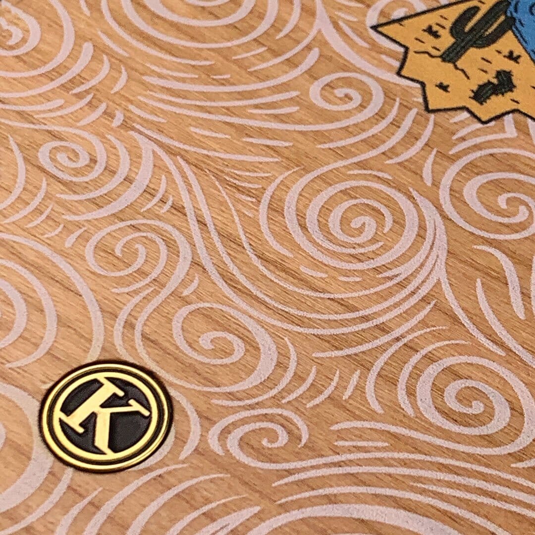 Zoomed in detailed shot of the double-exposure style eagle over flowing gusts of wind printed on Cherry wood Galaxy S21+ Case by Keyway Designs