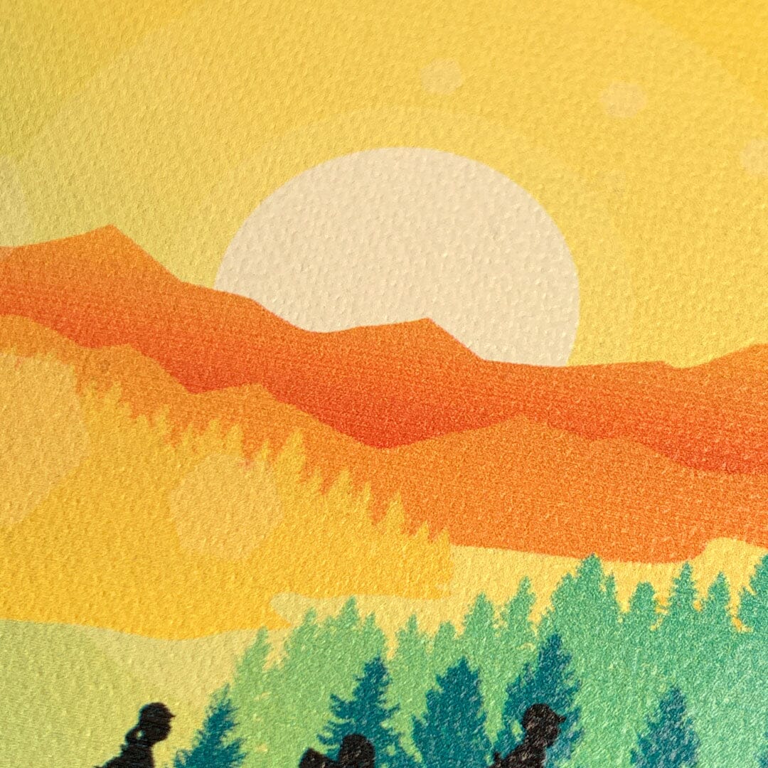 Zoomed in detailed shot of the stylized group of travellers on an expedition in the mountains printed to cotton canvas iPhone 11 Case by Keyway Designs