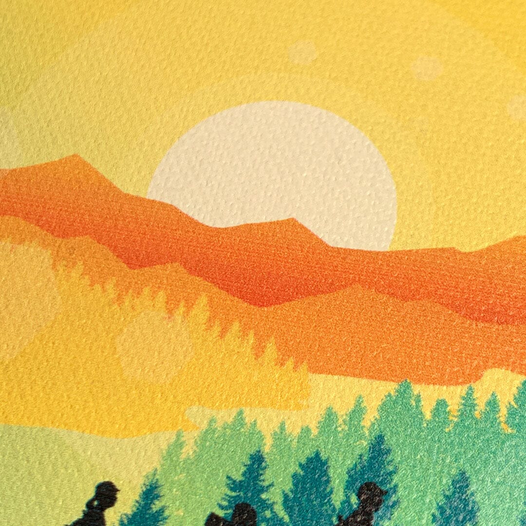 Zoomed in detailed shot of the stylized group of travellers on an expedition in the mountains printed to cotton canvas iPhone 15 Plus MagSafe Case by Keyway Designs