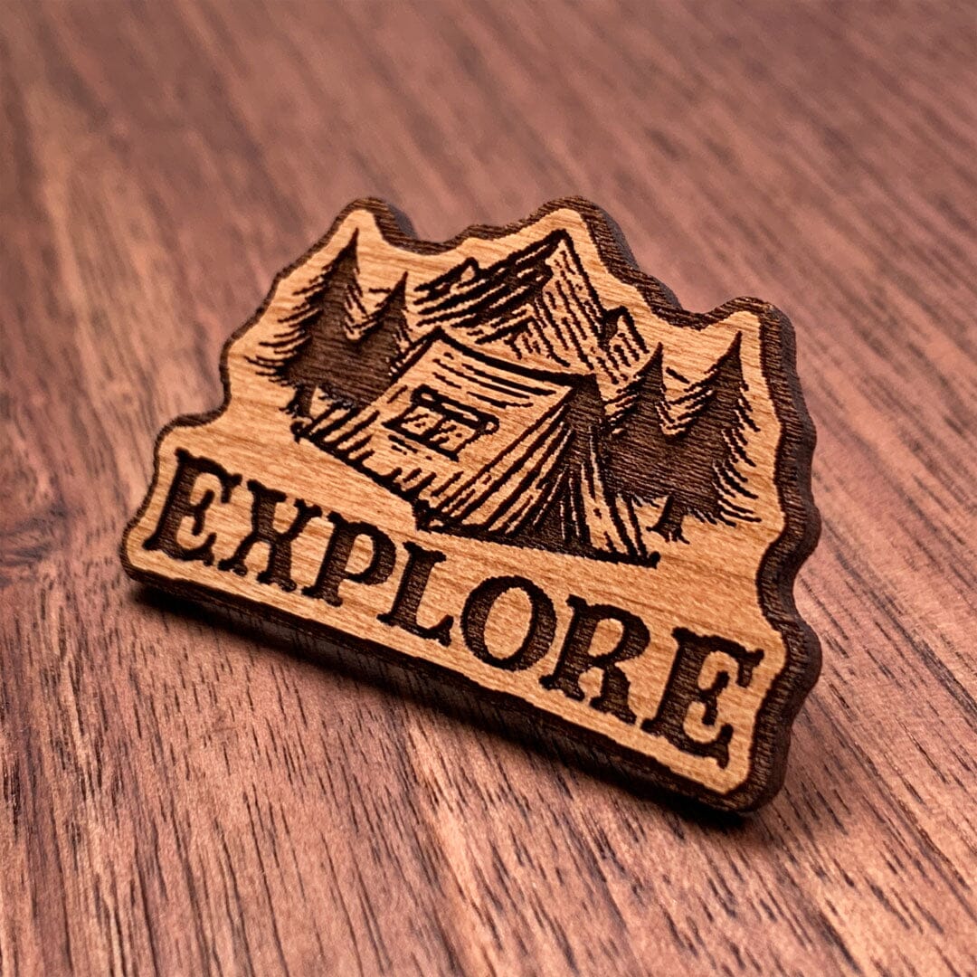Explore - Keyway Engraved Wooden Pin in Cherry, Zoomed in View