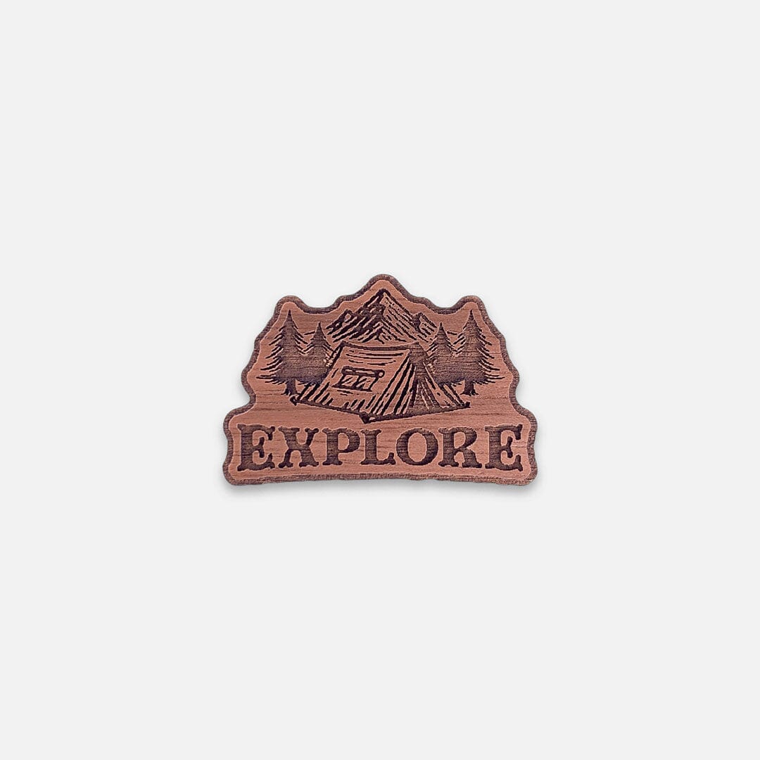 Explore - Keyway Engraved Wooden Pin in Walnut, Front View