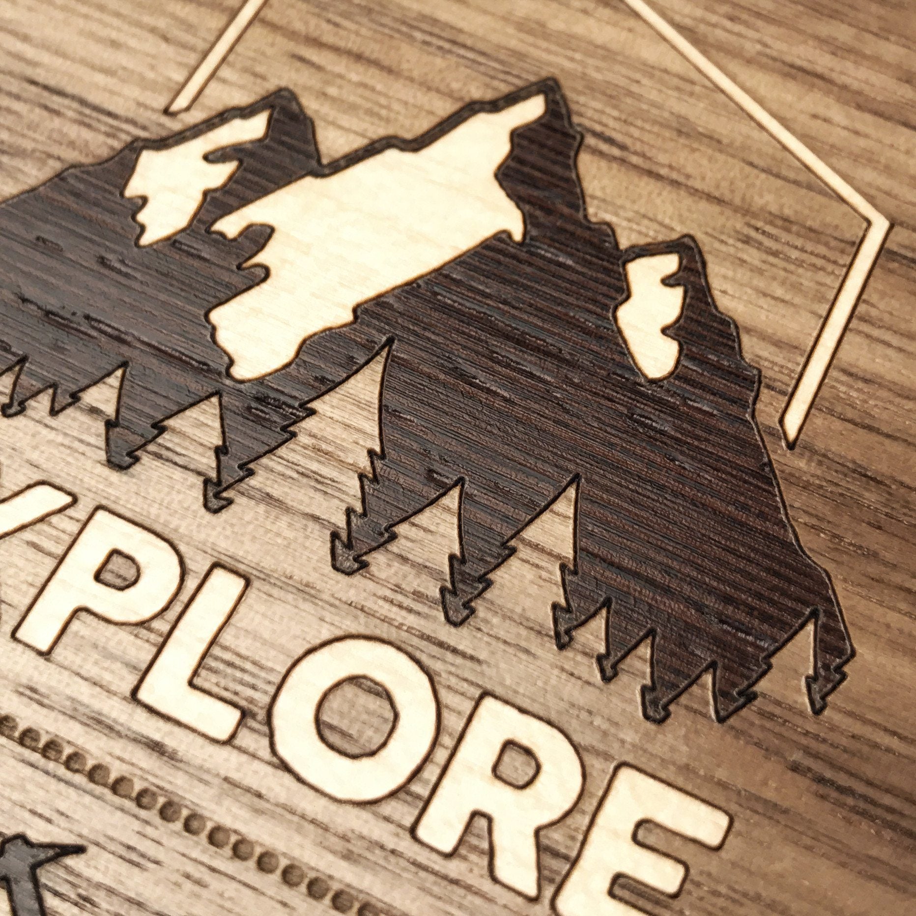 Zoomed in detailed shot of the Explore Mountain Range Wood iPhone 7/8 Plus Case by Keyway Designs