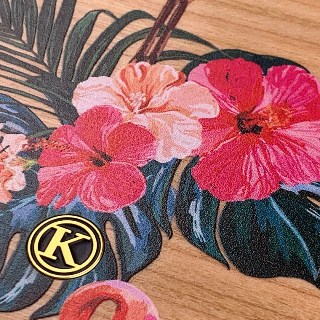 Zoomed in detailed shot of the Flamingo & Floral printed Cherry Wood iPhone 7/8 Case by Keyway Designs