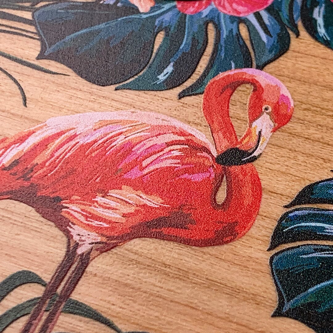 Zoomed in detailed shot of the Flamingo & Floral printed Cherry Wood iPhone XR Case by Keyway Designs
