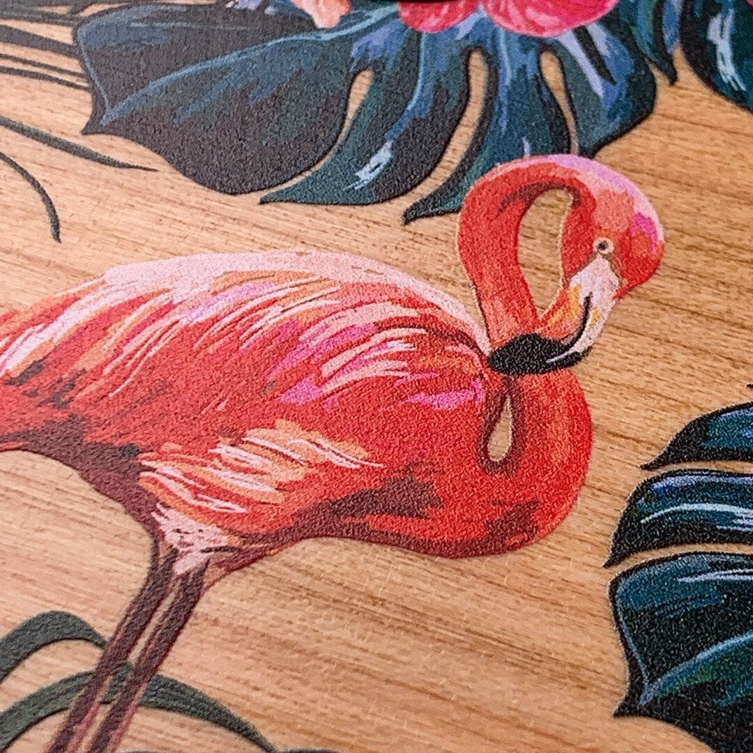 Zoomed in detailed shot of the Flamingo & Floral printed Cherry Wood Galaxy S20+ Case by Keyway Designs