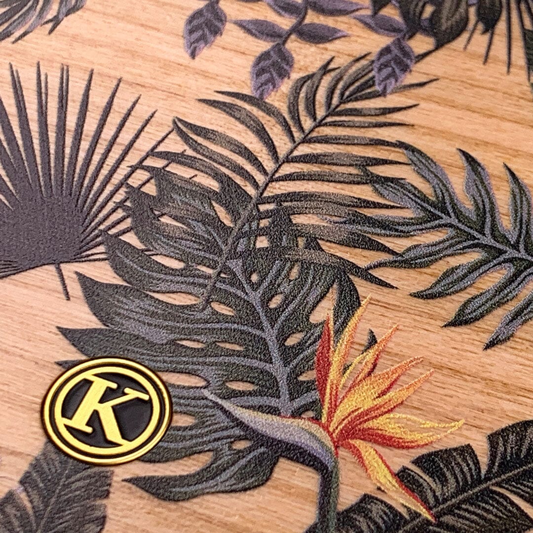 Zoomed in detailed shot of the Floral tropical leaf printed Cherry Wood Galaxy Note 10 Case by Keyway Designs