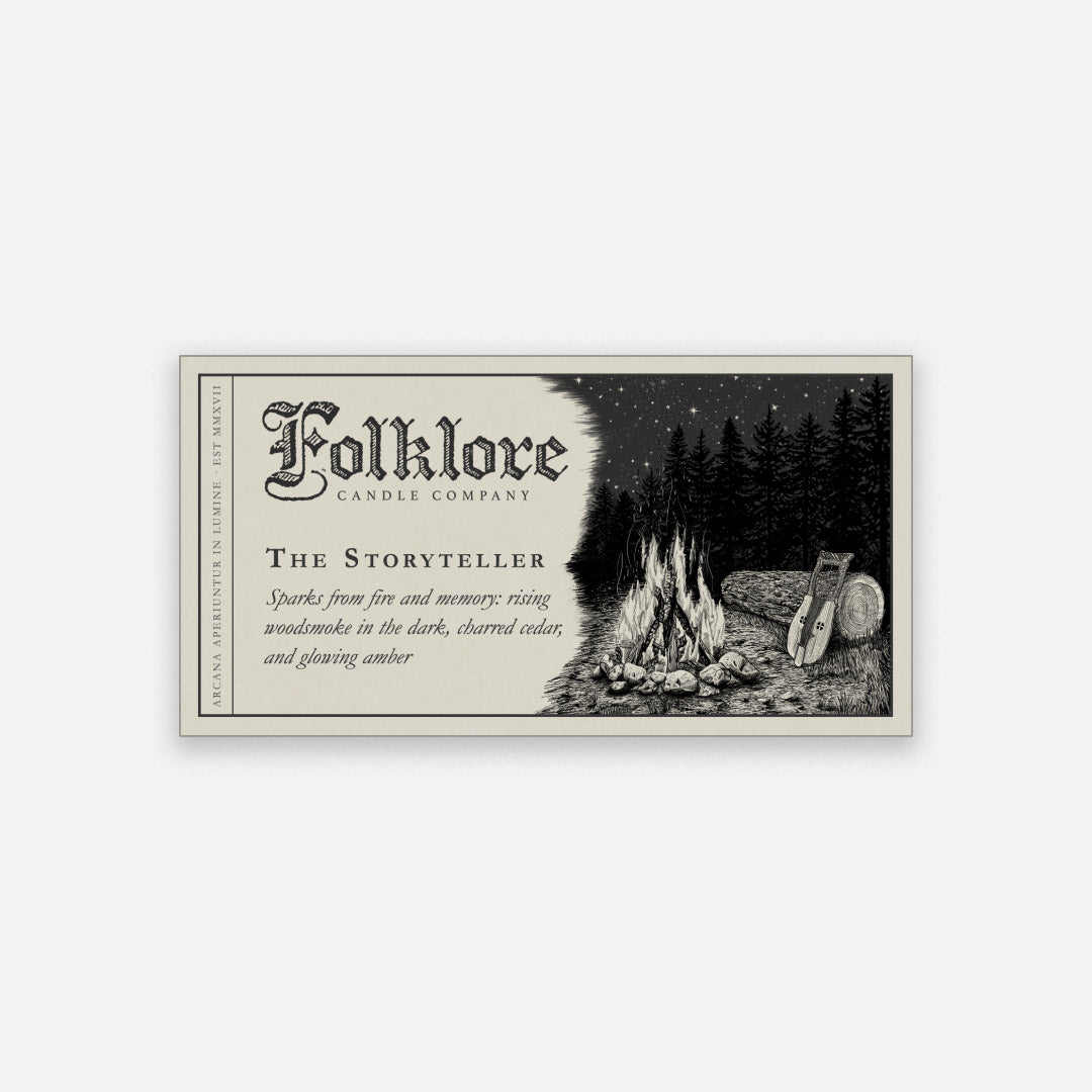 Folklore Candle - The Story Teller Soy Wax Jar Candle Detailed Label