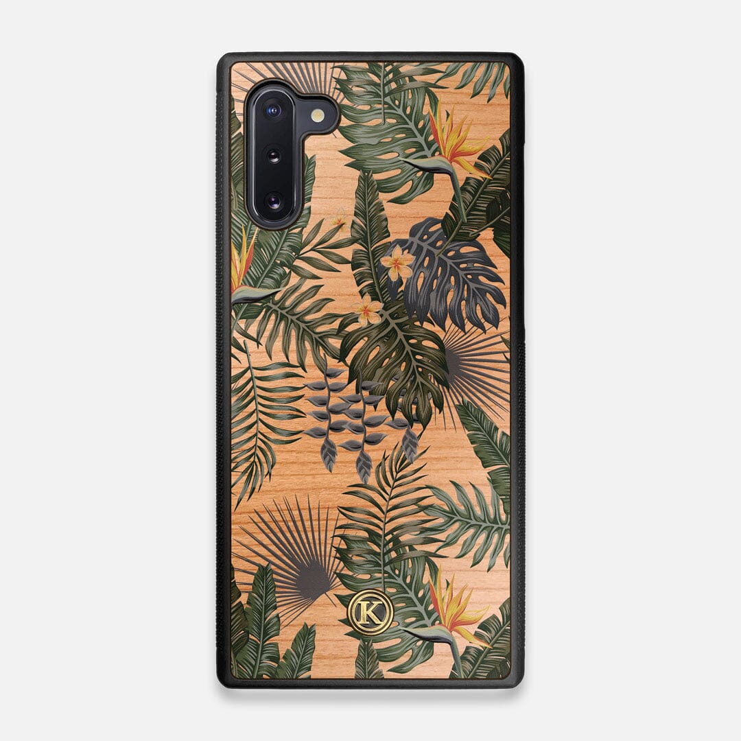 Front view of the Floral tropical leaf printed Cherry Wood Galaxy Note 10 Case by Keyway Designs