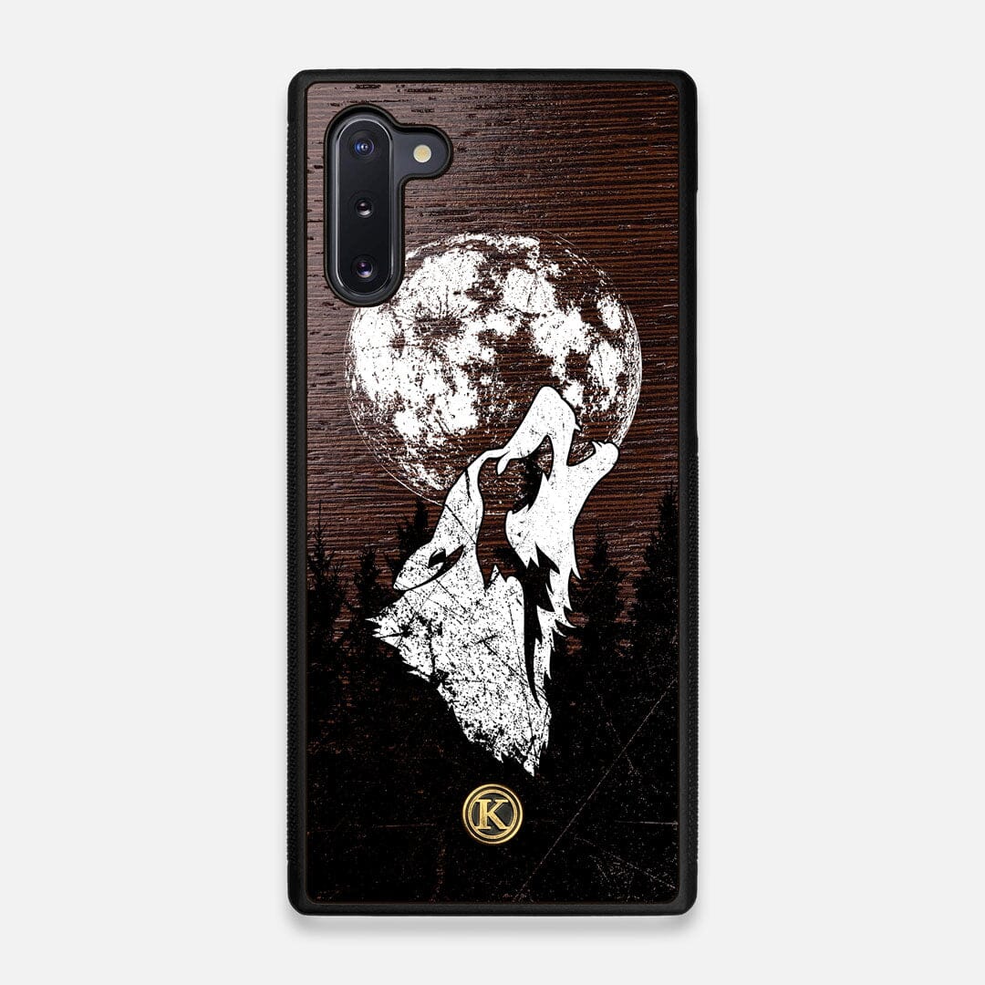 Front view of the high-contrast howling wolf on a full moon printed on a Wenge Wood Galaxy Note 10 Case by Keyway Designs