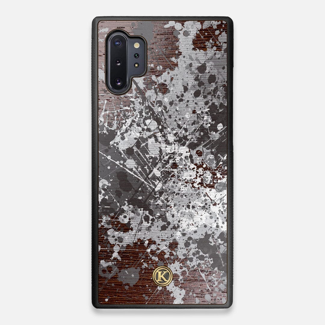 Front view of the aggressive, monochromatic splatter pattern overprintedprinted Wenge Wood Galaxy Note 10 Plus Case by Keyway Designs