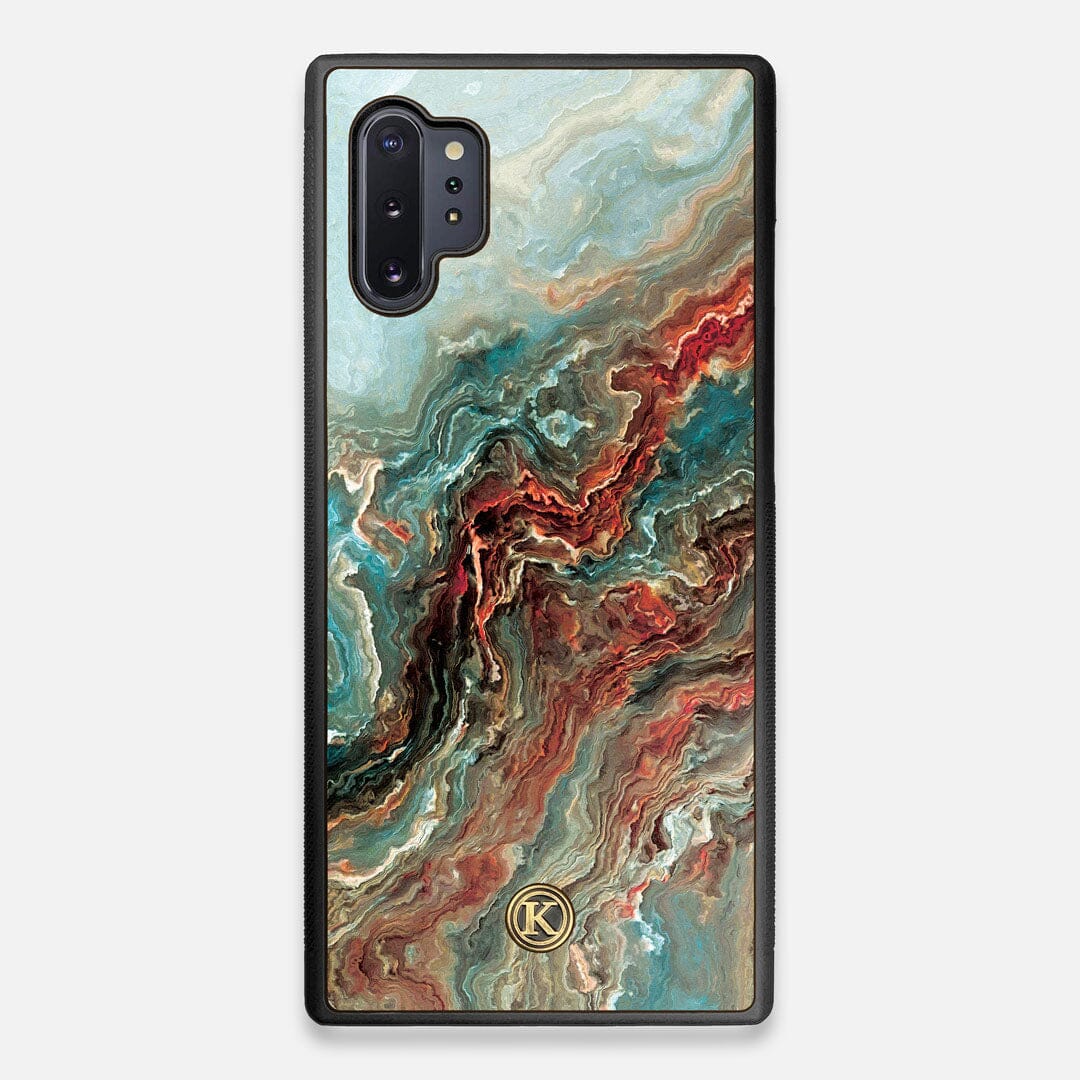 Front view of the vibrant and rich Red & Green flowing marble pattern printed Wenge Wood Galaxy Note 10 Plus Case by Keyway Designs