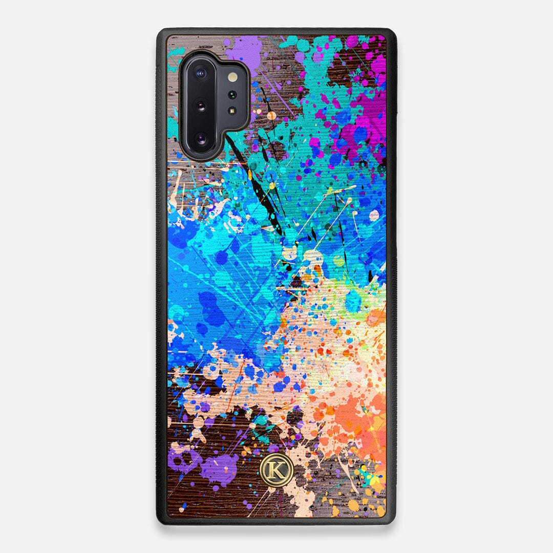 Front view of the realistic paint splatter 'Chroma' printed Wenge Wood Galaxy Note 10 Plus Case by Keyway Designs