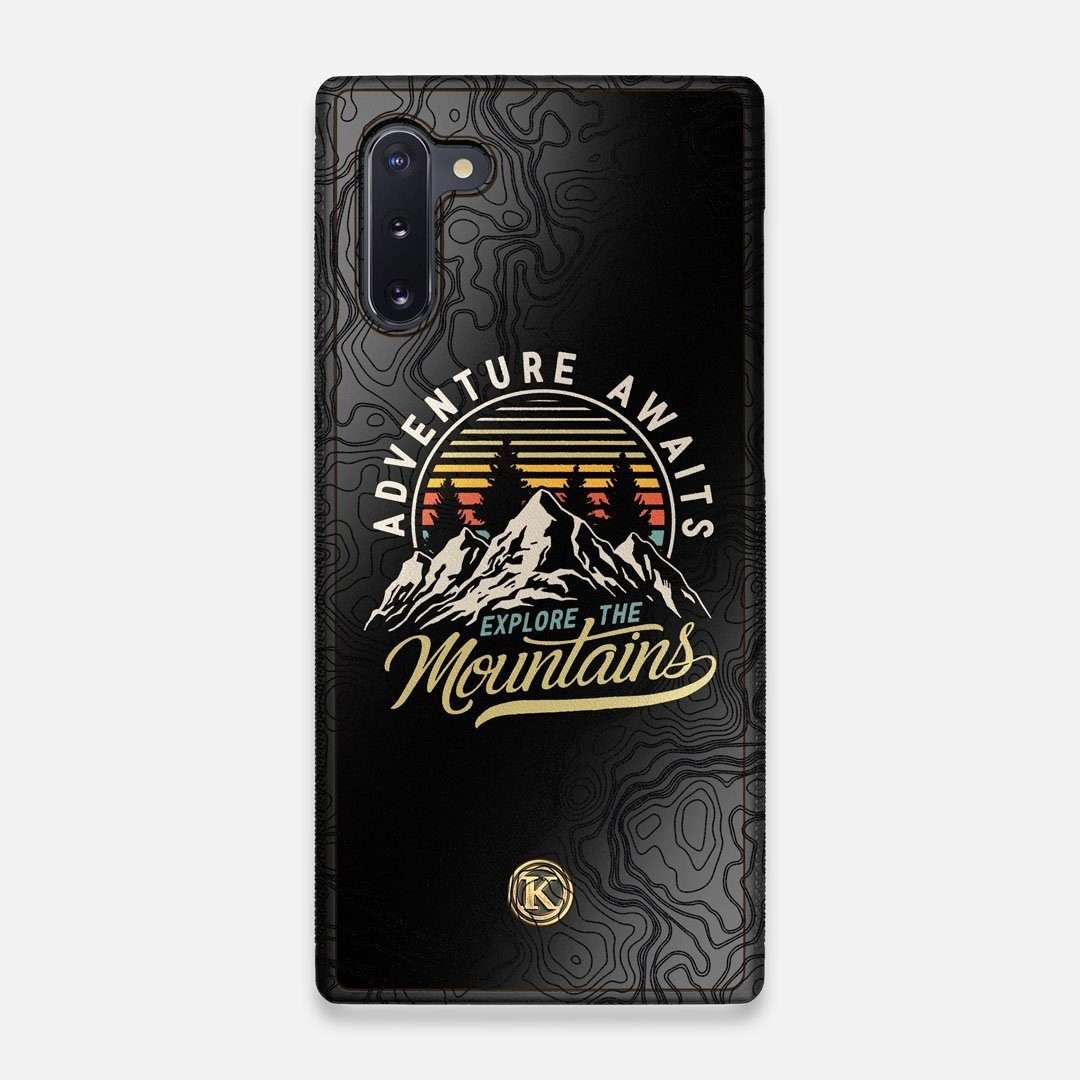 Front view of the crisp topographical map with Explorer badge printed on matte black impact acrylic Galaxy Note 10 Case by Keyway Designs