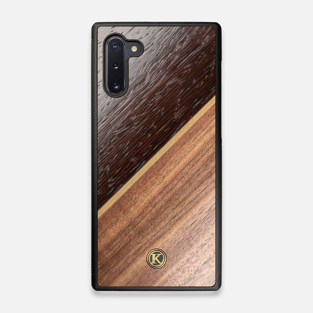 Front view of the Alium Walnut, Gold, and Wenge Elegant Wood Galaxy Note 10 Case by Keyway Designs