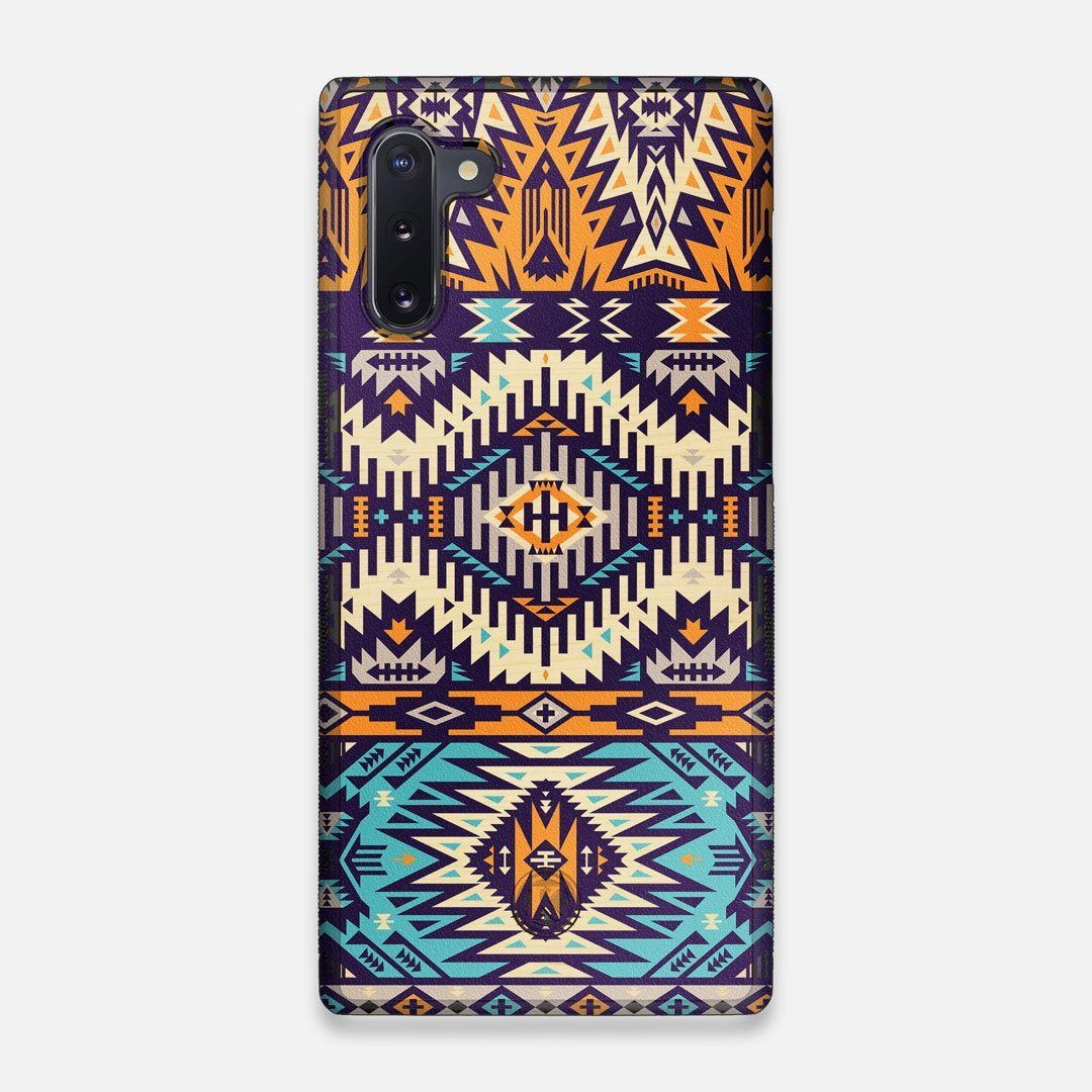 Front view of the vibrant Aztec printed Maple Wood Galaxy Note 10 Case by Keyway Designs